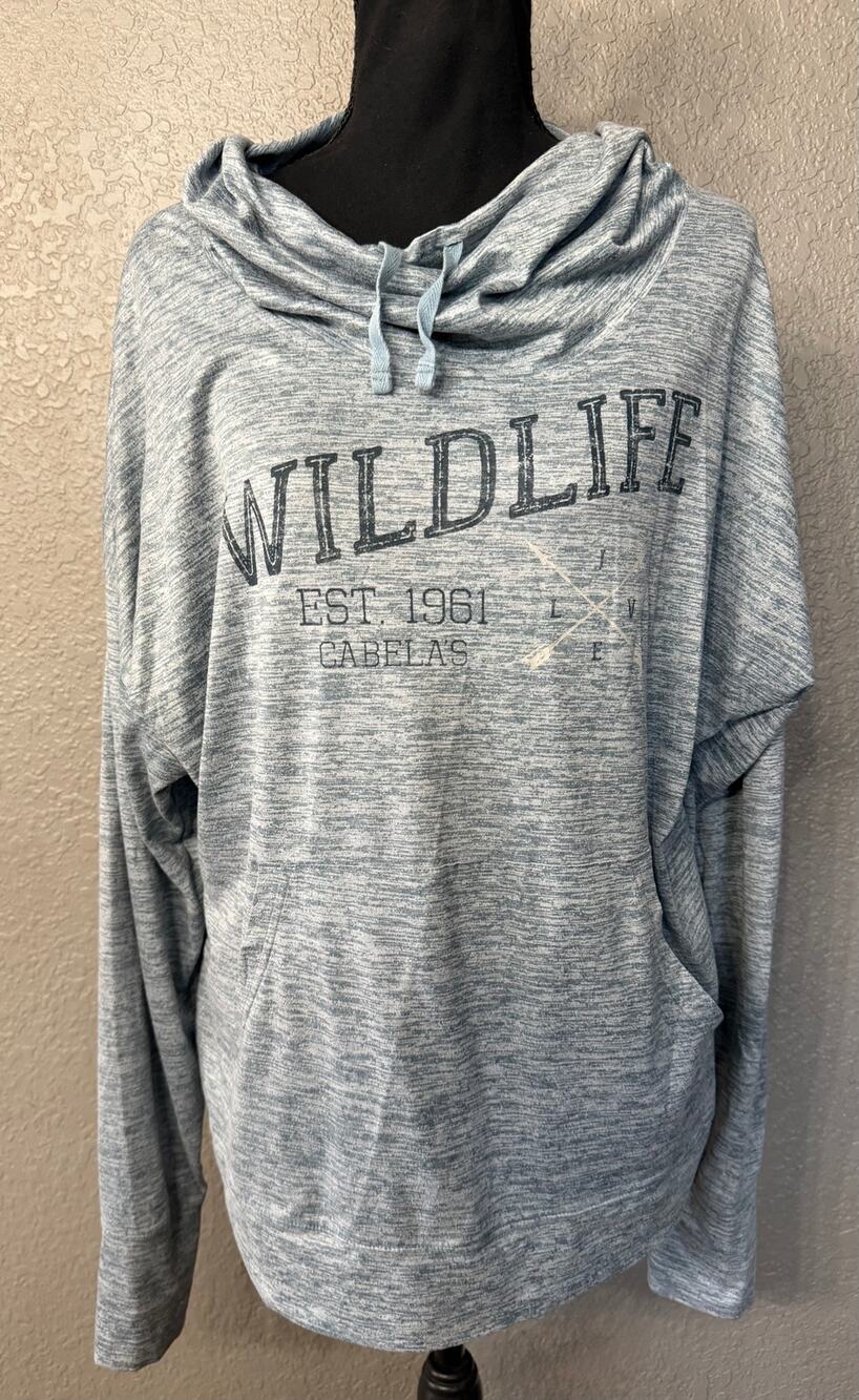 Cabelas Womens Sz L Blue Wildlife Cowl Neck Lightweight Hoodie Hooded Sweatshirt